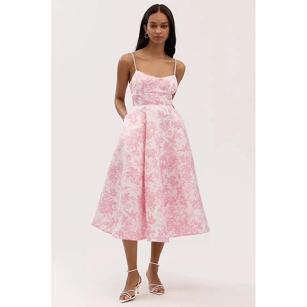 BHLDN Dress Gabriella A-Line Duchess Satin Midi Sz 6 Pockets Adjustable Straps